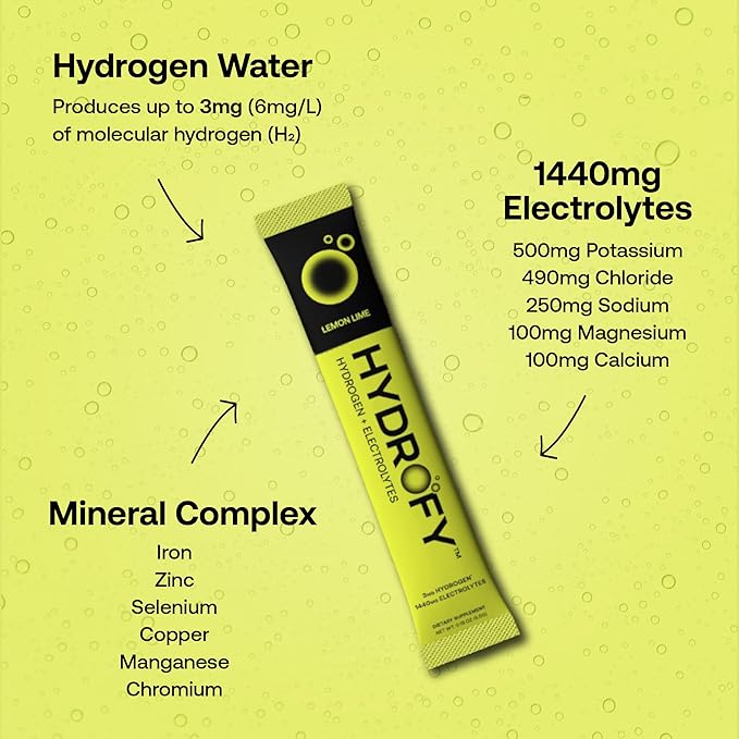 Hydrofy Hydrogen Water + Electrolytes Drink Mix | H2 Hydration Packets with Molecular Hydrogen, Sodium, Potassium, Magnesium, Calcium, and Minerals | No Sugar | Lemon Lime | 25 ct