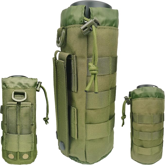 Tactical MOLLE Water Bottle Holder, Upgraded Water Bottle Pouch with Drawstring Open Top & Mesh Bottom, 16/24/25/32oz Water Bottle Carrier Bag with D-Ring Hook for Backpack