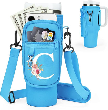 Initial Water Bottle Holder with Strap for Stanley 40 oz Tumbler/Simple Modern 40 oz Tumbler,Water Bottle Carrier Bag with Strap,Personalized A-Z Phone Pocket for Stanley Cup Accessories