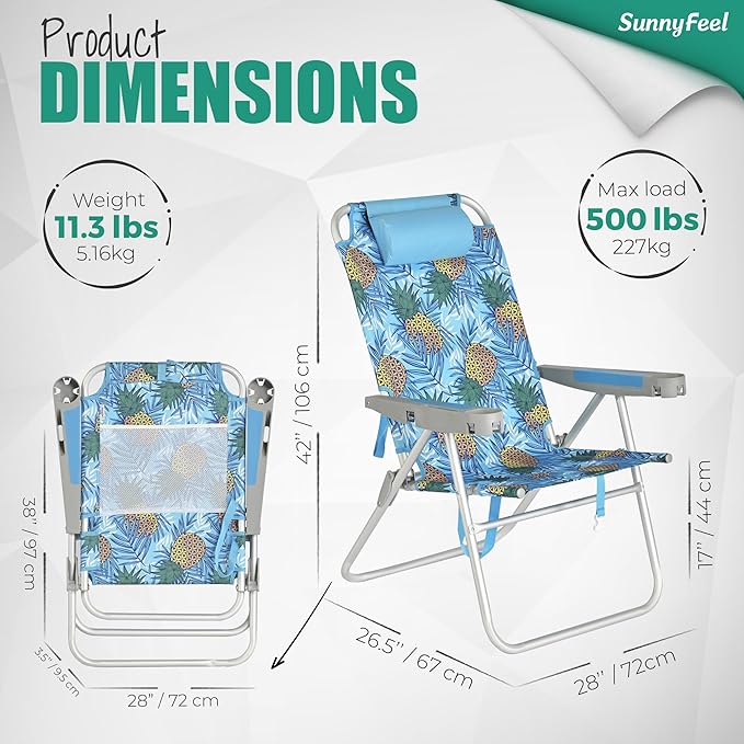 SUNNYFEEL 17" Tall Oversized Beach Chairs 2 Pack for Adults Heavy Duty 500 LBS, 5 Position, Portable High Folding Camping Chair with Cup Holder for Outdoor/Lawn/Trip, Foldable Sand Chairs for Adults