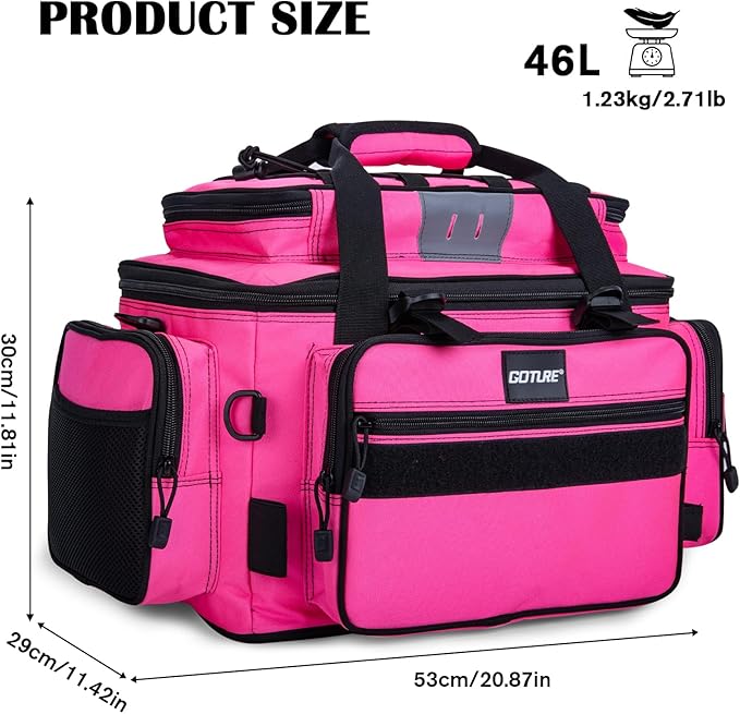 Goture Fishing Tackle Bag, Store Up to 4PCS 3700 Plus 2PCS 3600 Tackle Trays(Not Included), 600D Soft Side Gear Fishing Bag with Rod Straps,Detachable Water Bottle Pouch,Waterproof Bottom,SBS Zippers