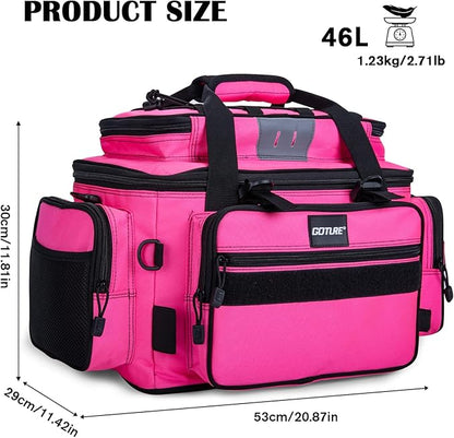 Goture Fishing Tackle Bag, Store Up to 4PCS 3700 Plus 2PCS 3600 Tackle Trays(Not Included), 600D Soft Side Gear Fishing Bag with Rod Straps,Detachable Water Bottle Pouch,Waterproof Bottom,SBS Zippers