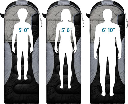 0 Degree Winter Sleeping Bags for Adults Camping (450GSM) - Temp Range (5F–32F) Portable Waterproof Compression Sack- Camping Sleeping Bags for Big and Tall in Env Hoodie: Backpacking Hiking 4 Season