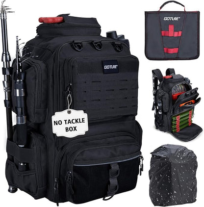 Goture Fishing Backpack, 900D Water-Resistant Tackle Backpack with Rod Holders, 45L Large Fishing Bag Storage Gear Tackle Bag with Rain Cover, Soft Bait Binder for Camping Hiking (Without Tackle Box)