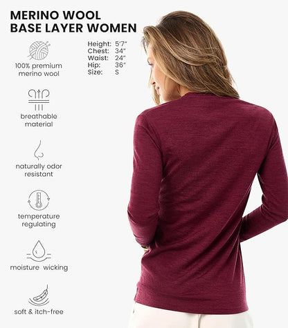 Merino Wool Base Layer Women - 100% Merino Wool Shirt Women Thermal Underwear Long Sleeve T-Shirt for Hiking