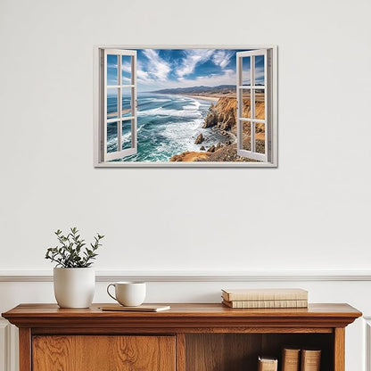 ANRUOXI Beach Window Canvas Wall Art, Enclosed Bedroom Living Room Ocean Coastal Channel Scene Picture, Tropical Sea Landscape Painting Print Artwork Horizontal Seascape Artwork for Bedroom 12x18 Inch