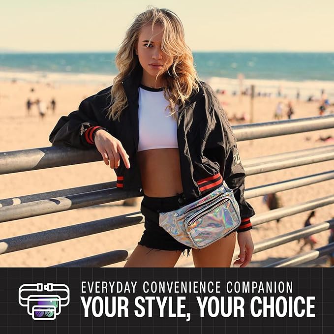 Holographic Fanny Pack Belt Bag | Waterproof Crossbody Bum Waist Pack - For Halloween, Rave, Hiking, Running, Travel (Silver)