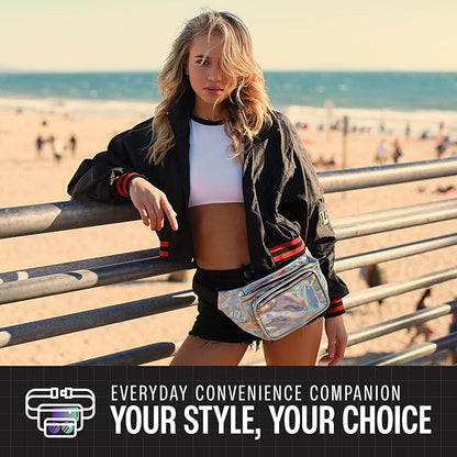 Holographic Fanny Pack Belt Bag | Waterproof Crossbody Bum Waist Pack - For Halloween, Rave, Hiking, Running, Travel (Silver)