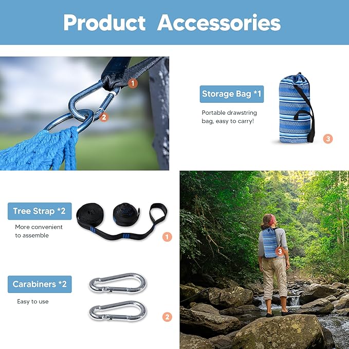 SUNCREAT Hammocks Double Hammock with Curved Spreader Bar, Outdoor Portable Hammock with Carrying Bag & Tree Straps for Bedroom, Patio, Backyard, Balcony, Max 450lbs Capacity, Blue