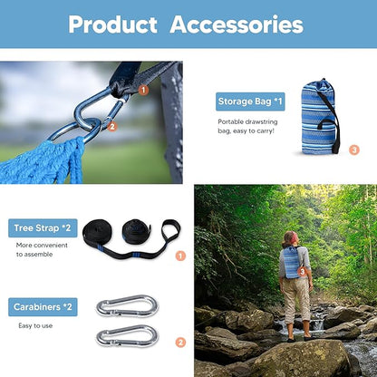 SUNCREAT Hammocks Double Hammock with Curved Spreader Bar, Outdoor Portable Hammock with Carrying Bag & Tree Straps for Bedroom, Patio, Backyard, Balcony, Max 450lbs Capacity, Blue