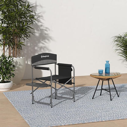 KingCamp Camping Foldable Padded Director Arm Chair with Side Table and Pocket, Grey