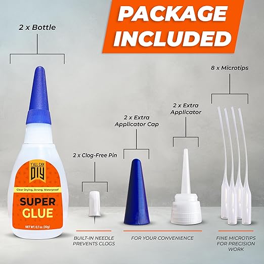 Y'allCanDiy Super Glue 2 Pk x 0.7 Oz (20g) - Superglue for Crafts Plastic, Wood, Metal, & Repair, Instant Cyanoacrylate Based Glue, Quick Dry Premium Cyanoacrylate Adhesive