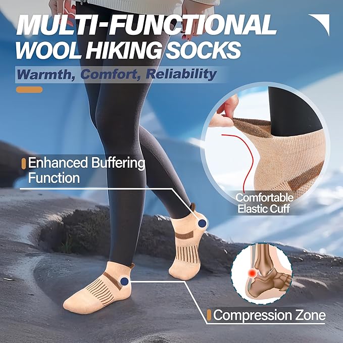 6 Pairs Merino Wool Ankle Running Hiking Socks Compression Support Breathable Thick Cushion No Show Socks for Women Men