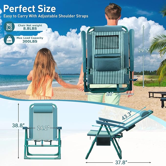 Suteck Backpack Beach Chairs for Adults 2 Pack, 6-Position Folding Reclining Chair with Cooler Bag & Cup Holder, Lightweight Portable Beach Chair for Camping, Outdoor, Sand, Travel Use