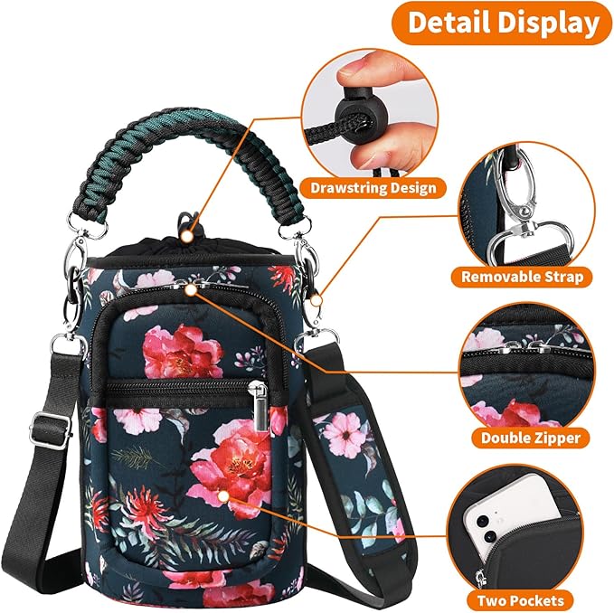 32/40/64/128 oz Neoprene Insulated Water Bottle Carrier Bag, Sling Bag Sleeve Pouch Holder with Strap & Paracord Handle and 2 Pocket for Travelling, Hiking, Camping