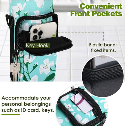 Nuovoware Water Bottle Carrier Bag,25oz/40oz/64oz Bottle Pouch Holder,Adjustable Shoulder Hand Strap 2 Pocket Sling Neoprene Sleeve Sports Accessories for Hiking Travelling Camping