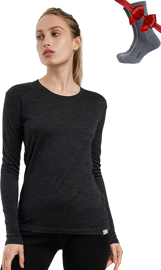 Merino.tech Merino Wool Base Layer Women - 100% Merino Wool Heavyweight, Midweight, Lite Long Sleeve Thermal Shirt and Socks