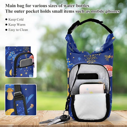 Mushroom Pattern Blue Water Bottle Holder with Strap Insulated Water Bottle Carrier Crossbody Bags Pouch with Phone Pocket for Travel Gym Hiking Walking Running