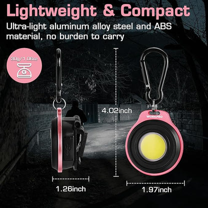 WORKPRO COB Keychain Work Light, Rechargeable Magnetic Keychain Flashlight, Mini Pocket Carabiner Flashlight with Hat Clip, 3 Light Modes Emergency Light for Camping, Hiking and Fishing, Pink Ribbon