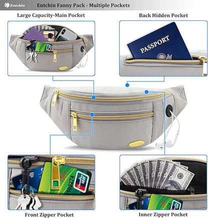 Entchin Fanny Pack for Women Men,Crossbody Belt Bag with 4-Zipper Pockets,Adjustable Waist Bag Pack,One of the Most Popular Travel Essential Gifts for Walking,Traveling,Cycling