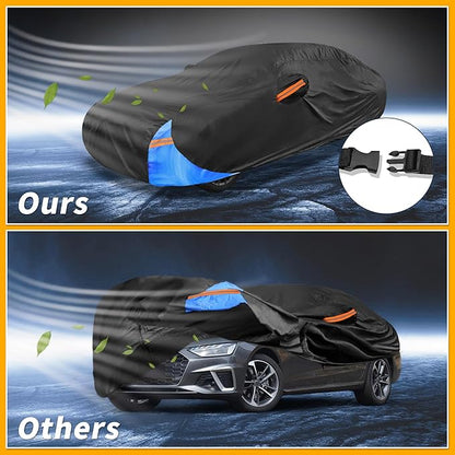 Waterproof All-Weather Universal Car Cover with Right Side Zipper, 190T Polyeste Black Blue Fits for Sedan 177" to 185" Length