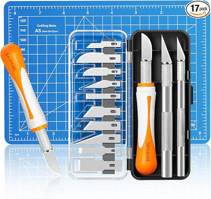 17-Piece Exacto Knife Set, 3 Pcs Craft Knife with 13 Pcs SK5 Steel Blades and Blue Cutting Mat 5.9in×8.6in,Precision Art Knife for Carving, Modeling,DIY,Scrapbook,Pumpkin Carving Tools