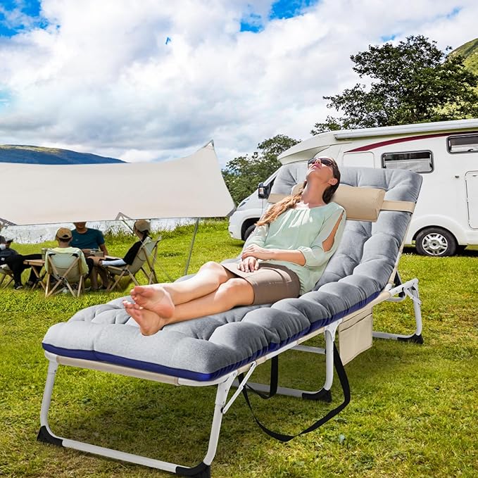 LILYPELLE 5-Position Folding Chaise Lounge Chair with Mattress, Beach & Patio Use, Khaki