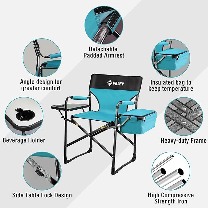 VILLEY Heavy Duty Directors Chair, Folding Camping Chairs, with Cooler Bag Portable Foldable Chair, for Camp Tailgating Lawn Picnic Fishing Beach, Supports 400 LBS, Blue