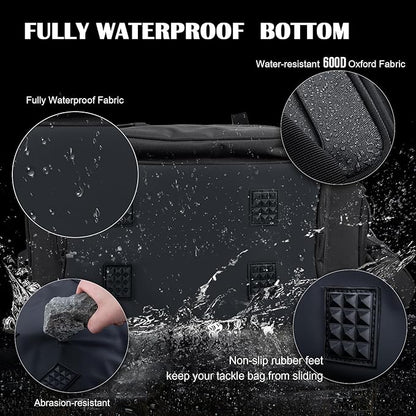 Goture Fishing Tackle Bag, Store Up to 4PCS 3700 Plus 2PCS 3600 Tackle Trays(Not Included), 600D Soft Side Gear Fishing Bag with Rod Straps,Detachable Water Bottle Pouch,Waterproof Bottom,SBS Zippers