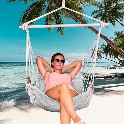 Hammock Chair Hanging Swing with Wooden Armrests;Steel Spreader Bar,Pillows,Hardware kit Included;Cotton Woven Fabric;Up to 350 Lbs,for Indoor Light Grey