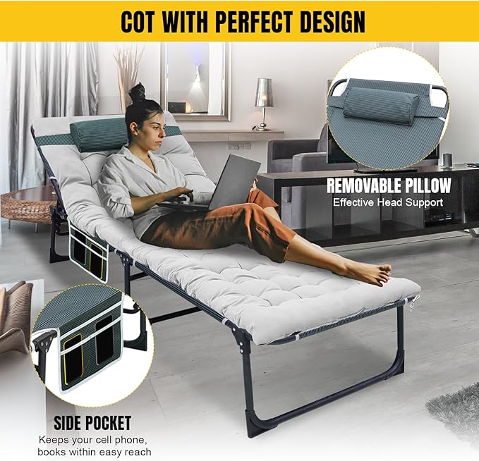 YELLOW JACKET Folding Camping Cot for Adults Adjustable 5-Position Portable Sleeping Cot Bed with Pillow and Removable Mattress Reclining Foldable Camp Cots for Outdoor,Home,Beach,Patio,Grey