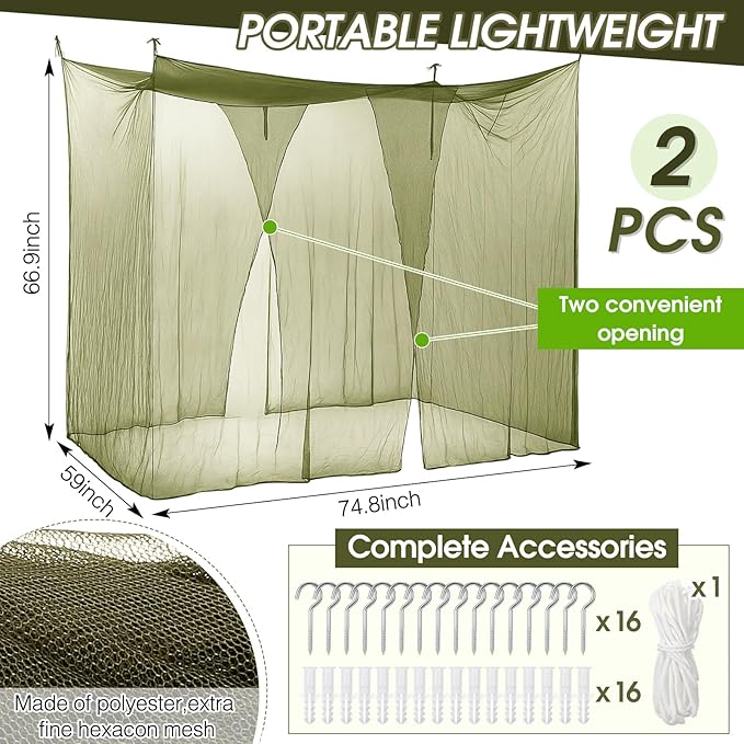 Tranqun 2 Pcs Mosquito Netting for Patio, Ultra Large Mosquito Net for Bed with 2 Side Openings 16 Hanging Loops for Camping Home Outdoor Travel Dormitory Decor(Dark Green,75 x 59 x 67 Inch)