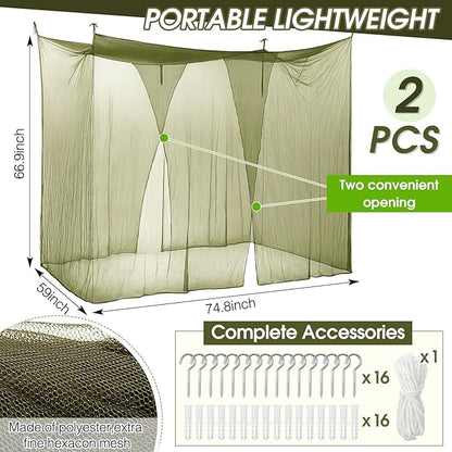 Tranqun 2 Pcs Mosquito Netting for Patio, Ultra Large Mosquito Net for Bed with 2 Side Openings 16 Hanging Loops for Camping Home Outdoor Travel Dormitory Decor(Dark Green,75 x 59 x 67 Inch)