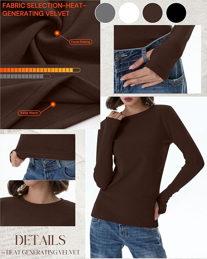 Neer 4 Pack Women's Fleece Thermal Long Sleeve Shirts, Thumb Holes Crew Neck Slim Fit Tops Warm Workout Basic Undershirt