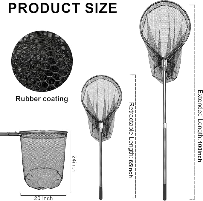 Heavy Duty Extra Large Rubber Fishing Net - Aluminum Telescoping Handle (67-100in), 20in Net Opening for Saltwater Fishing