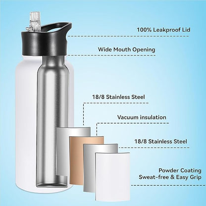 VEGOND 32 oz Insulated Water Bottle Bulk Stainless Steel Metal Water Bottles with Leak Proof Straw Lid & Spout Lid, Wide Mouth Double Walled Vacuum Travel Sports Bottle, 8 Pack