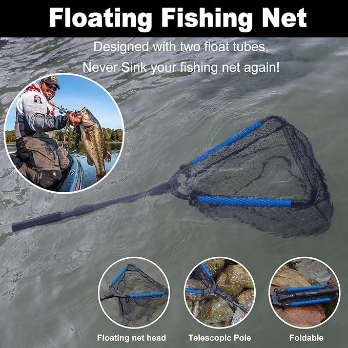 PLUSINNO Fishing Net Fish Landing Net, Foldable Collapsible Telescopic Pole Handle, Durable Nylon Material Mesh, Safe Fish Catching or Releasing
