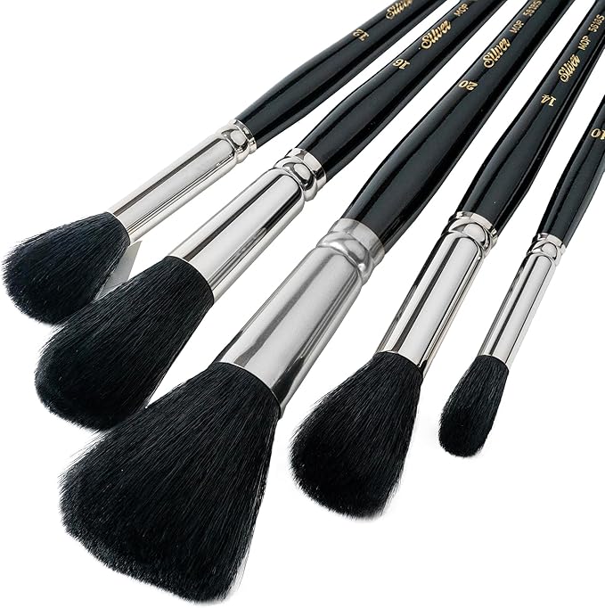 Silver Brush Limited MP-5664S Silver Mops Short Handle Round Black Mops Brushes with Super-Soft Organic Hair, 5pc Professional Artist Painting Bundle for Oil, Acrylic, Watercolor, Pastels, & Charcoal