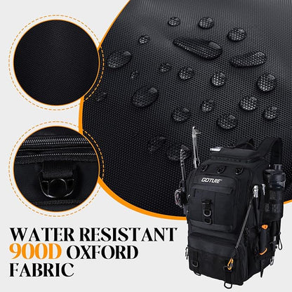 Goture 40L Fishing Tackle Backpack with Cooler and 2 3600 fishing tackle boxes, 900D Water-Resistant Tackle Backpack with Removable Bait Binder, 2 Rod Holders and Rain Cover,Black backpack