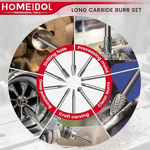 10Pcs Long Carbide Burr Set 1/4" Shank Die Grinder Bits, HOMEIDOL 4"(100mm) Long Rotary Files Tungsten Carbide Rotary Burr Set, Carbide Drill Bits for Metal Stone Wood Carving Engraving Deburring