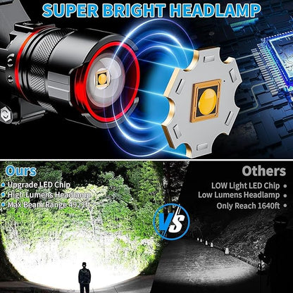 Headlamp Rechargeable 90000 Lumens Ultra Bright Head Lamp Super Bright Hard Hat Light Zoomable IPX54 Headlight Camping Accessories 6 Modes Waterproof Headlight Camping Gear for Adults Cycling Running
