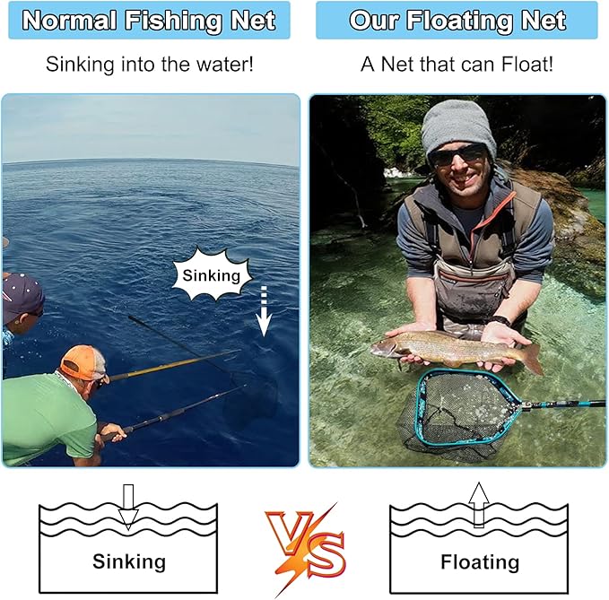 PLUSINNO Floating Fishing Net for Steelhead, Salmon, Fly, Kayak, Catfish, Bass, Trout Fishing, Rubber Coated Landing Net for Easy Catch & Release, Compact & Foldable for Easy Transportation & Storage