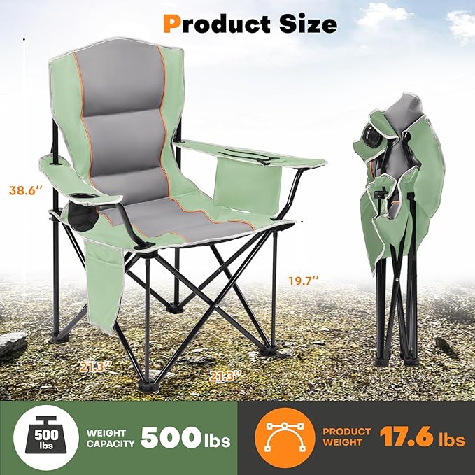 XMT Premium Padded Folding Chair, Extra Wide & Heavy Duty 450lbs Capacity, Portable Camping Chair with Insulated Cooler, Cup Holder & Storage, Compact Foldable for Outdoor, Beach, Picnics