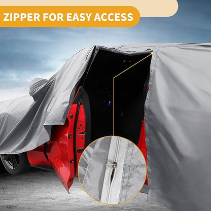 Universal Car Cover Waterproof All Weather 190T-PU, UV Sun Rain Protection, Fits for Sedan Length 199"-208", with Left Side Zipper, Silver Tone