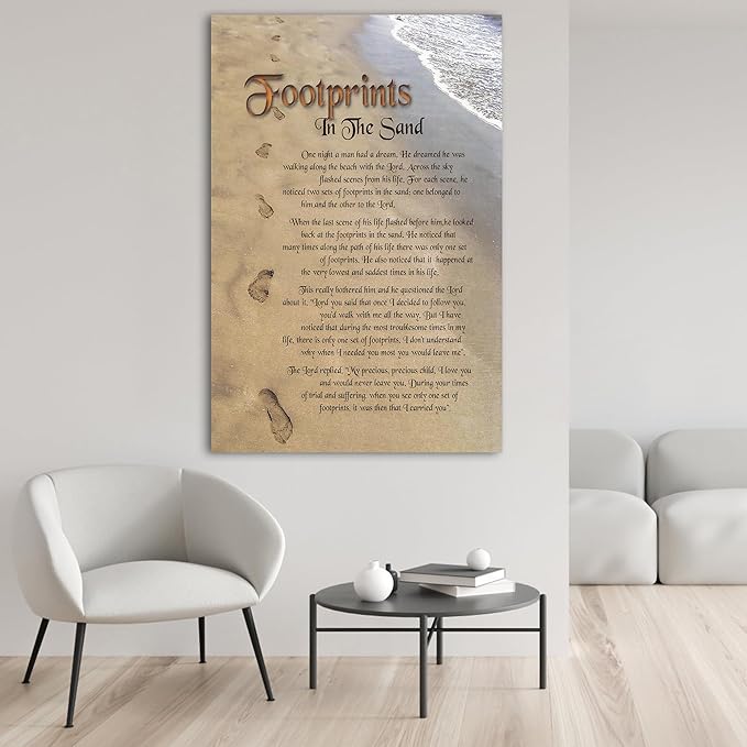 Footprints in the Sand Canvas Prints Wall Art, Footprints in the Sand Wall Art Decor, Inspirational Christian Poem Wall Poster Gift, Beach Picture Wall Art for Living Room Beach Office 32"Wx48"HInches