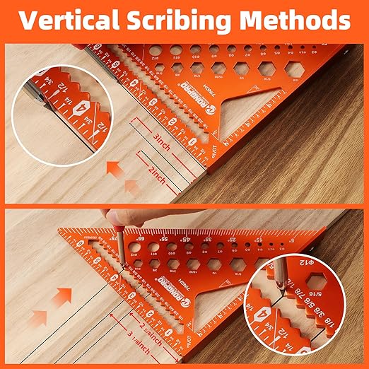 2pcs Rafter Square, 12-inch & 7-inch Carpenter Sqaure Set with Woodworking Pencil, Carpenter Measuring Layout Tool, Aluminum Alloy Triangle Ruler for Woodworking- Imperial