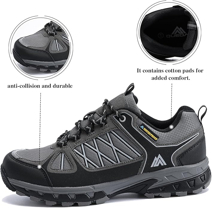Queday Men's Waterproof Hiking Shoes Lightweight Anti Slip Outdoor Ankle Boots Breathable Hike Trekking Trails Shoe