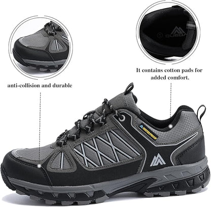 Queday Men's Waterproof Hiking Shoes Lightweight Anti Slip Outdoor Ankle Boots Breathable Hike Trekking Trails Shoe