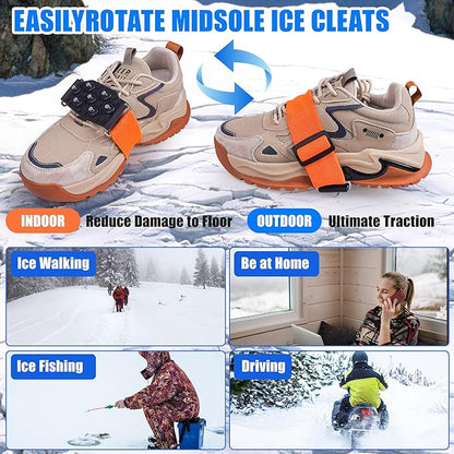 Ice Cleats Snow Traction Cleats for Boots and Shoes Mid-Sole Non Slip Crampons with Adjustable Straps 7 Tungsten Studs for Secure Grips Rotatable Traction Aids Walking on Snow and Ice