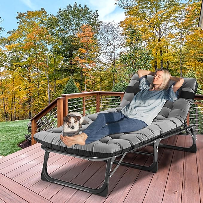 Camping Cot, Adjustable 4-Position Adults Reclining Folding Chaise with Pillow, Outdoor Portable Lounge Chair Sleeping Cots Bed, Perfect for Camping, Pool, Beach, Patio